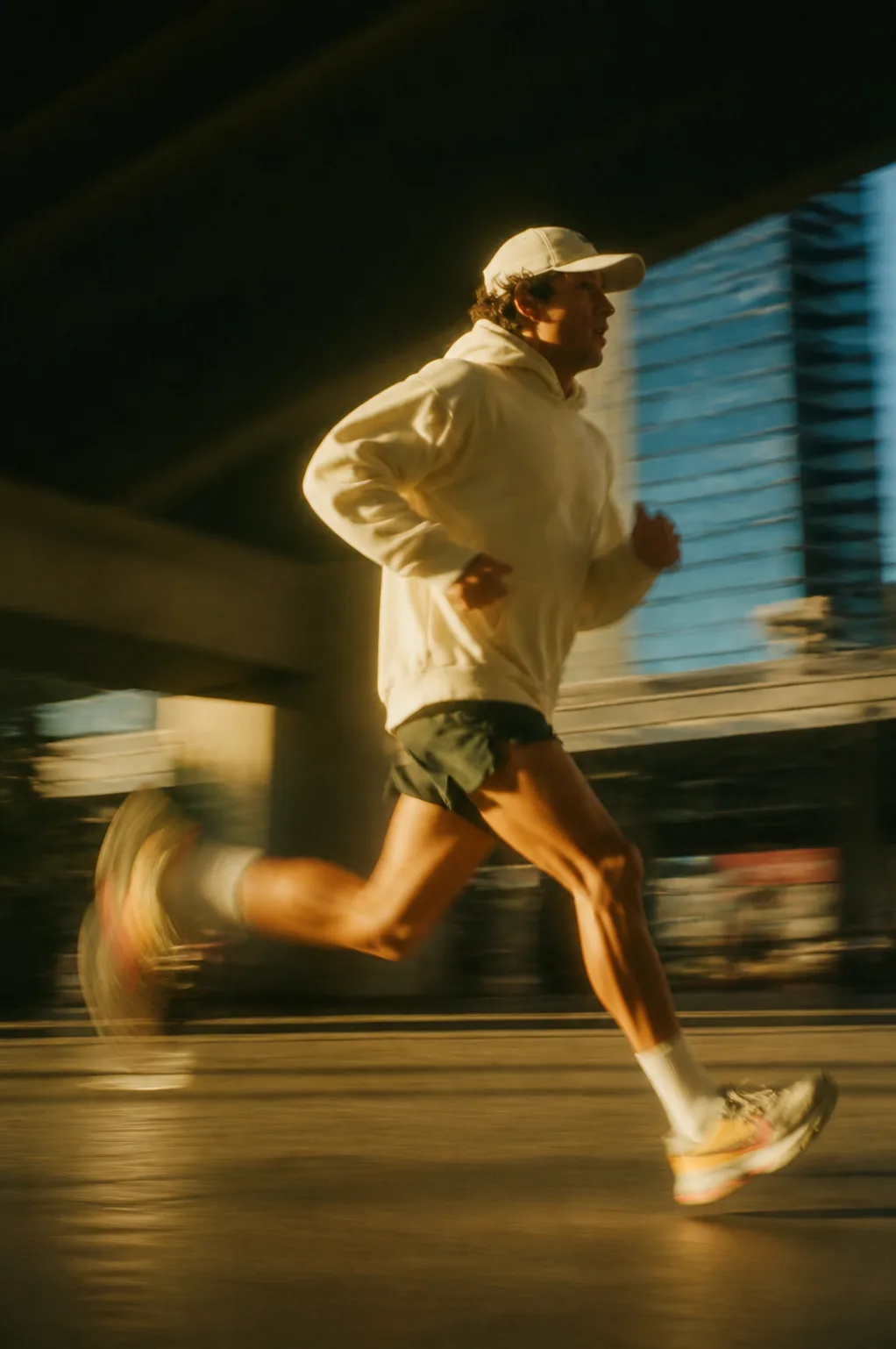 Runner in movimento nella luce dorata con sfocatura dinamica